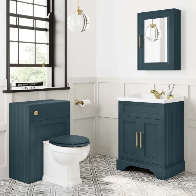 Lucia Inky Blue Basin Vanity 630mm - Brass Knurled Handles