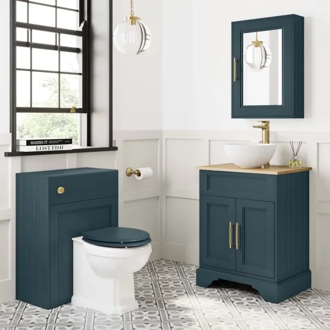 Lucia Inky Blue Vanity with Oak Effect Top & Round Counter Top Basin 640mm - Brass Knurled Handles