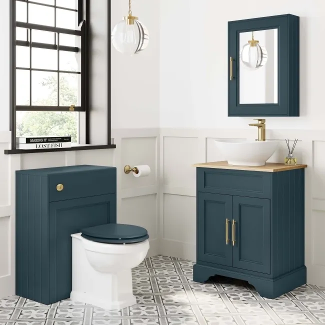 Lucia Inky Blue Vanity with Oak Effect Top & Oval Counter Top Basin 640mm - Brass Knurled Handles