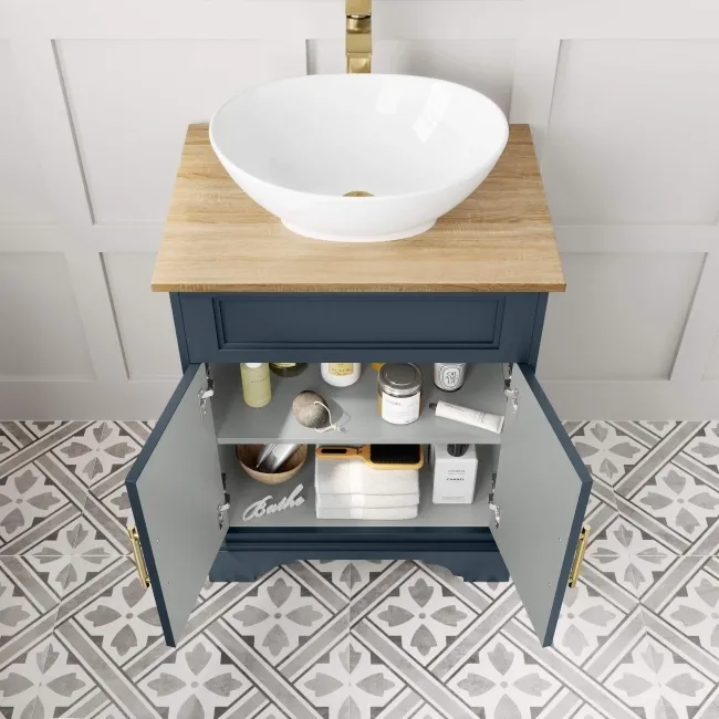 Lucia Inky Blue Vanity with Oak Effect Top & Oval Counter Top Basin 640mm - Brass Knurled Handles