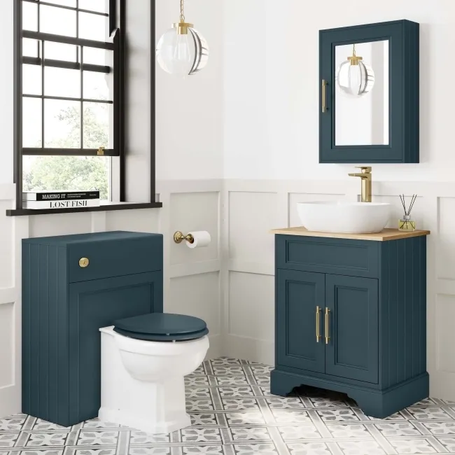 Lucia Inky Blue Vanity with Oak Effect Top & Curved Counter Top Basin 640mm - Brass Knurled Handles