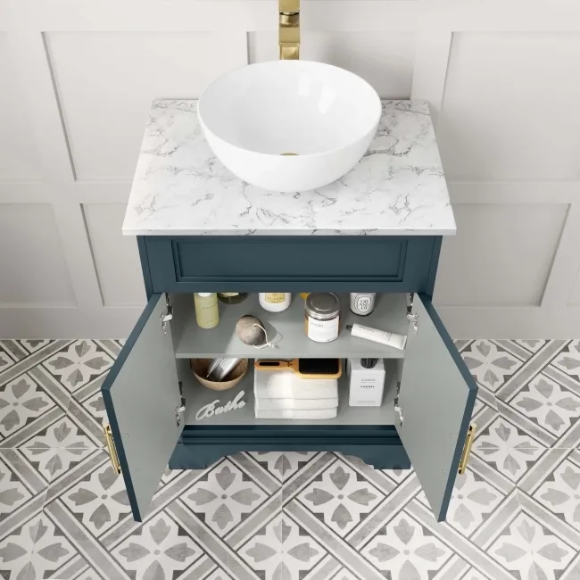 Lucia Inky Blue Vanity with Marble Top & Round Counter Top Basin 640mm - Brass Knurled Handles