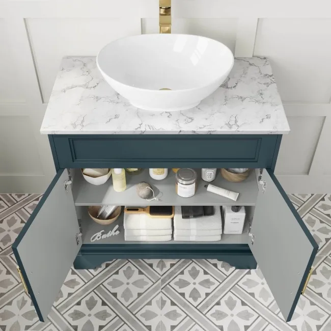 Lucia Inky Blue Vanity with Marble Top & Oval Counter Top Basin 840mm - Brass Knurled Handles
