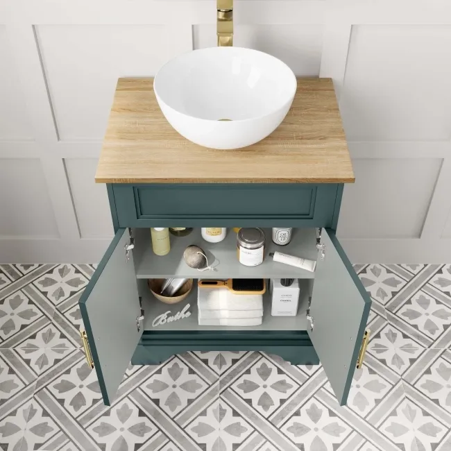 Lucia Midnight Green Vanity with Oak Effect Top & Round Counter Top Basin 640mm - Brass Knurled Handles