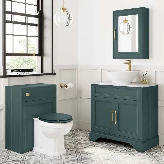 Lucia Midnight Green Vanity with Marble Top & Oval Counter Top Basin 840mm - Brass Knurled Handles