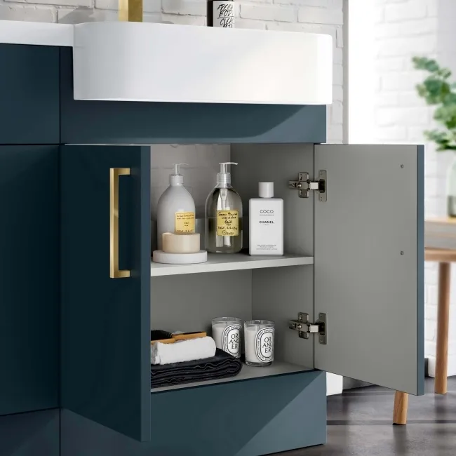 Harper Navy Blue Basin Vanity and Back To Wall Toilet Unit 1200mm (Excludes Toilet) - Brushed Brass Accents - Right Handed