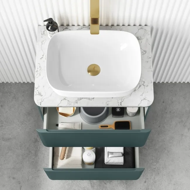 Corsica Midnight Green Vanity Drawer with Marble Top & Curved Counter Top Basin 600mm