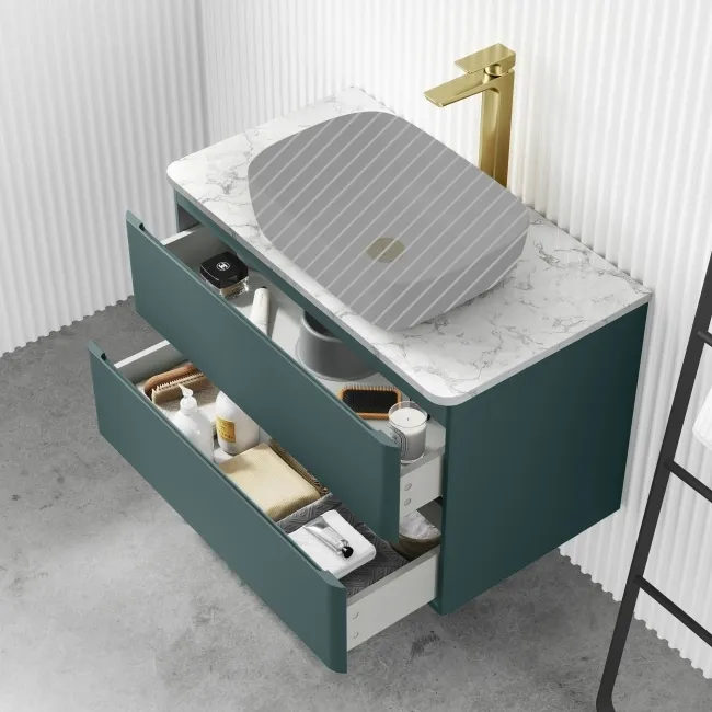 Corsica Midnight Green Wall Hung Drawer Vanity with Marble Top 800mm - Excludes Counter Top Basin