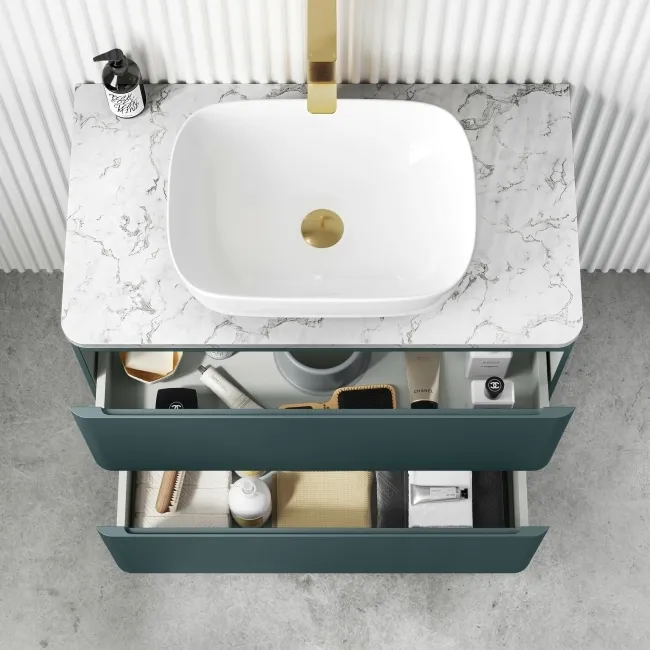 Corsica Midnight Green Vanity Drawer with Marble Top & Curved Counter Top Basin 800mm