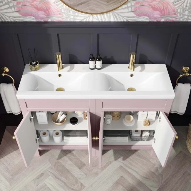 Bermuda Cashmere Pink Double Basin Vanity 1200mm - Brushed Brass Accents