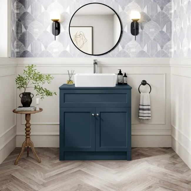 Milos Navy Blue Vanity with Troy Basin 800mm - Brushed Handles