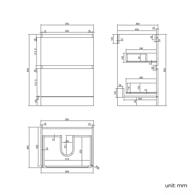 Corsica Gloss White Vanity Drawer with Marble Top & Curved Counter Top Basin 600mm