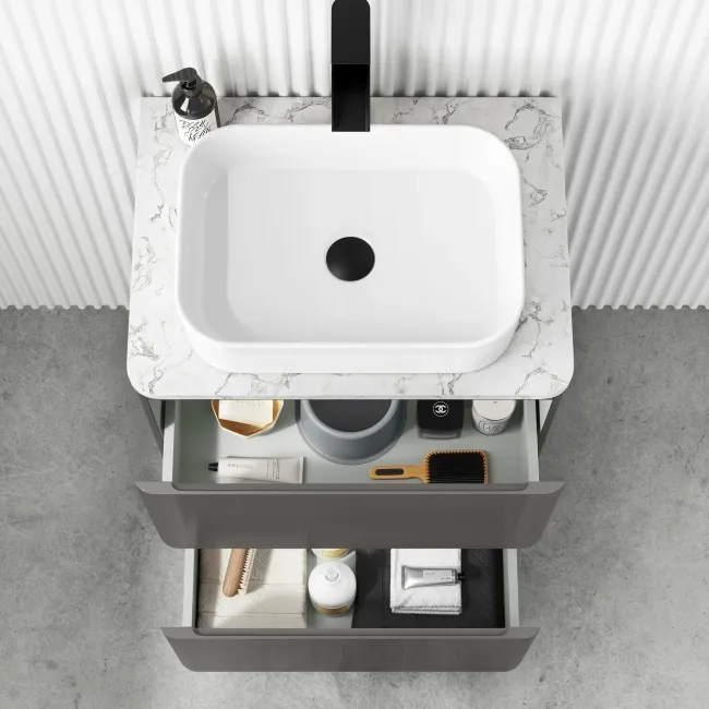 Corsica Tungsten Grey Vanity Drawer with Marble Top & Marin Basin 600mm