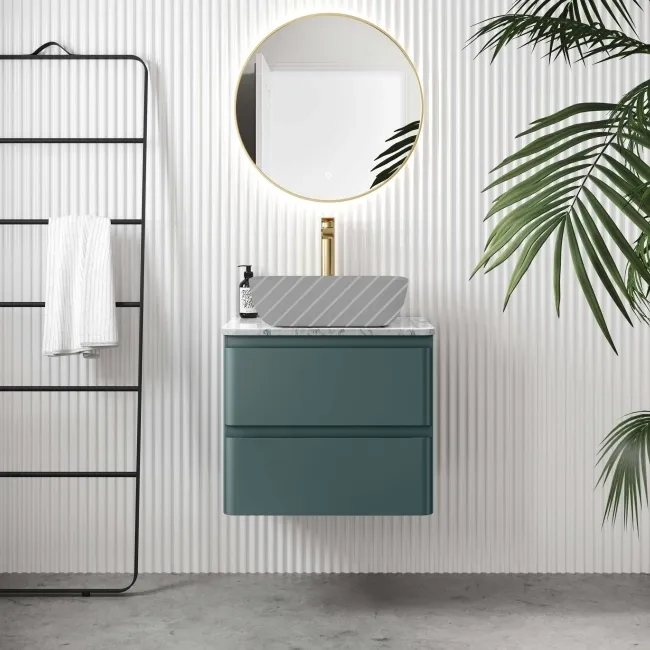 Corsica Midnight Green Wall Hung Drawer Vanity with Marble Top 600mm - Excludes Counter Top Basin
