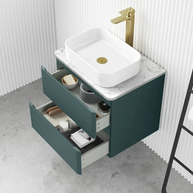 Corsica Midnight Green Wall Hung Drawer Vanity with Marble Top & Marin Basin 600mm