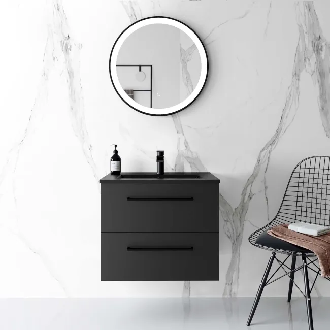 Elba Matt Black Wall Hung Basin Drawer Vanity 600mm
