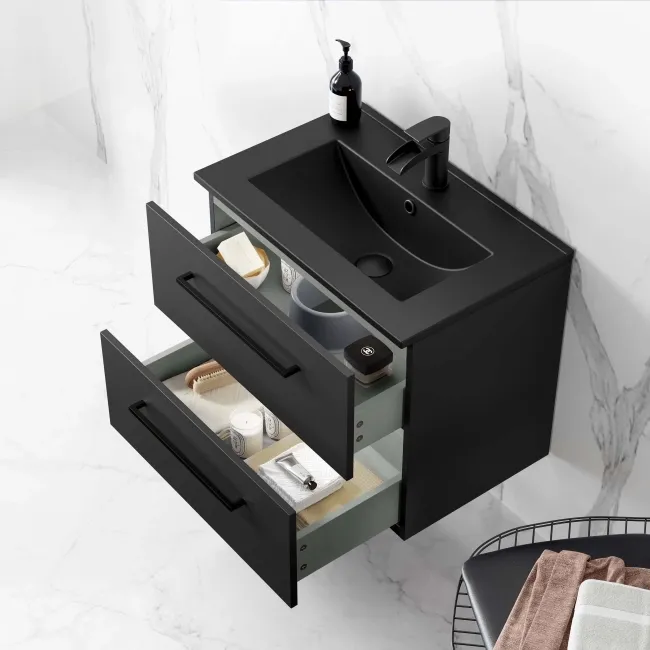 Elba Matt Black Wall Hung Basin Drawer Vanity 600mm