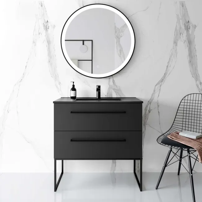 Elba Matt Black Wall Hung Basin Drawer Vanity 800mm with Matt Black Stand