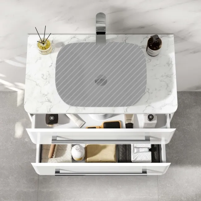 Omaha Gloss White Wall Hung Drawer Vanity with Marble Top 800mm - Excludes Counter Top Basin