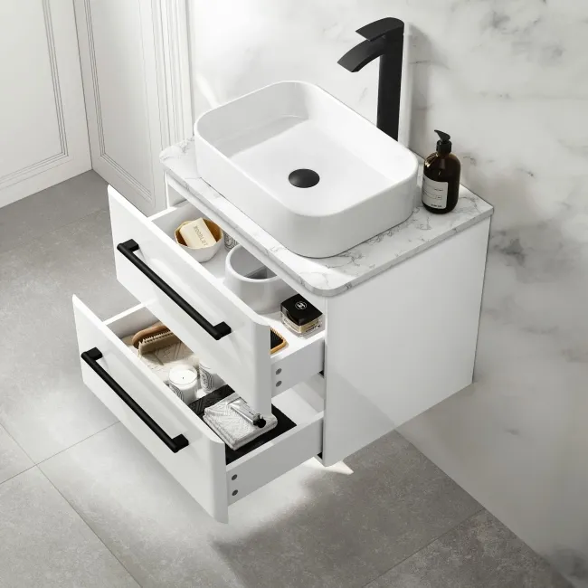 Omaha Gloss White Wall Hung Drawer Vanity with Marble Top & Marin Basin 600mm - Black Accents