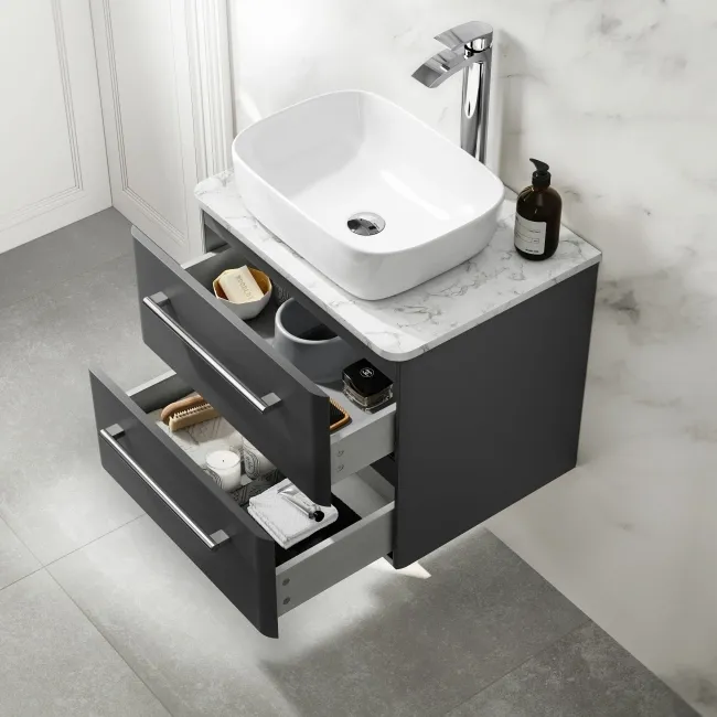 Omaha Slate Grey Wall Hung Drawer Vanity with Marble Top & Curved Counter Top Basin 600mm