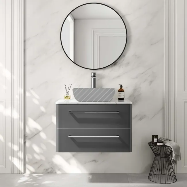 Omaha Slate Grey Wall Hung Drawer Vanity with Marble Top 800mm - Excludes Counter Top Basin