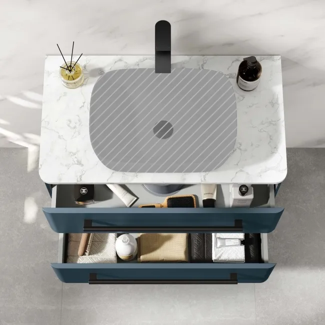 Omaha Navy Blue Wall Hung Drawer Vanity with Marble Top 800mm (Excludes Counter Top Basin) - Black Accents