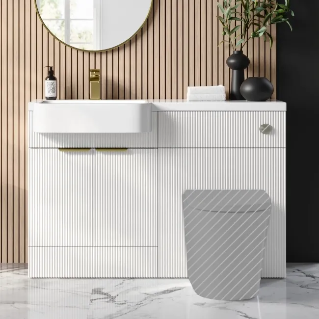 Sicily Fluted Coastal White Basin Vanity and Back To Wall Toilet Unit 1200mm (Excludes Toilet) - Brushed Brass Accents - Left Handed