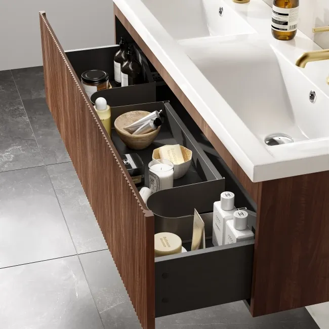 Malta Fluted Black Walnut Wall Hung Double Basin Drawer Vanity 1200mm