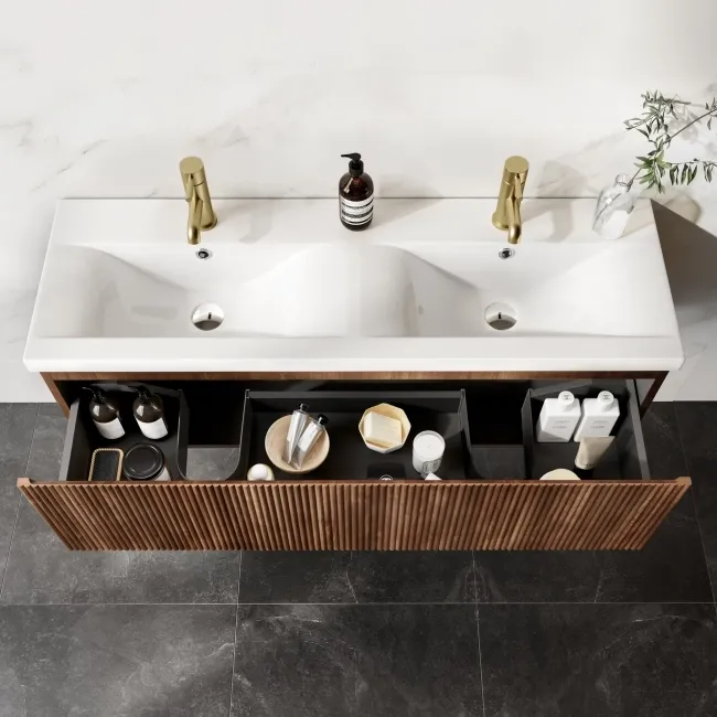 Malta Fluted Black Walnut Wall Hung Double Basin Drawer Vanity 1200mm