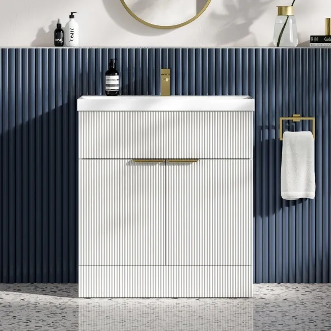 Havana Fluted Coastal White Basin Vanity 800mm - Brushed Brass Accents