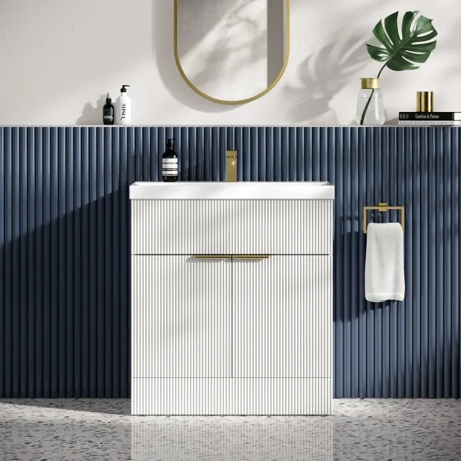 Havana Fluted Coastal White Basin Vanity 800mm - Brushed Brass Accents