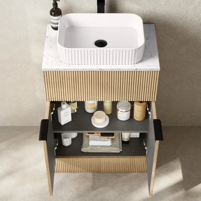 Havana Fluted Country Oak Cabinet with Marble Top & Reno Basin 600mm - Black Accents