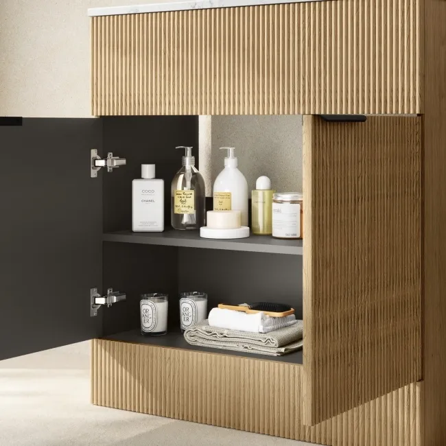 Havana Fluted Country Oak Cabinet with Marble Top & Reno Basin 800mm - Black Accents