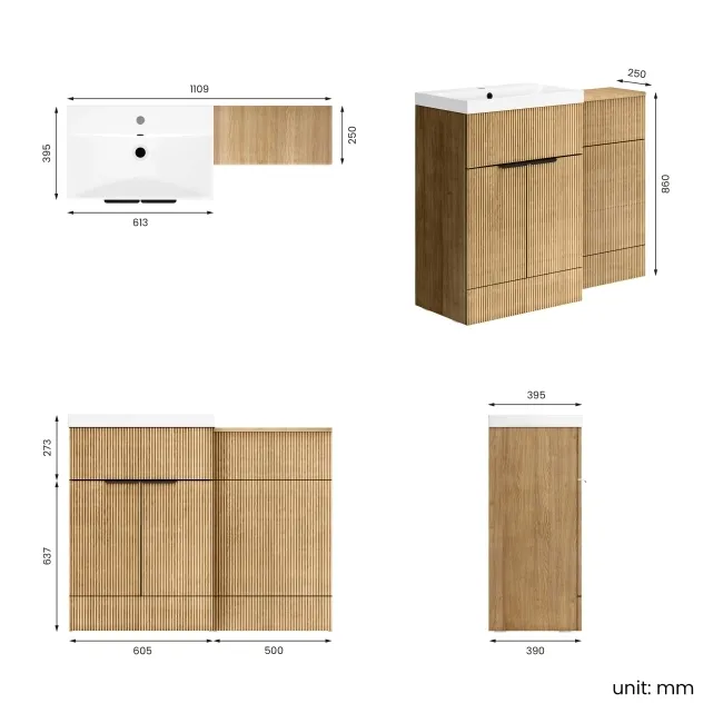 Havana Fluted Country Oak Basin Vanity and Back To Wall Toilet Unit 1100mm (Excludes Toilet) - Black Accents