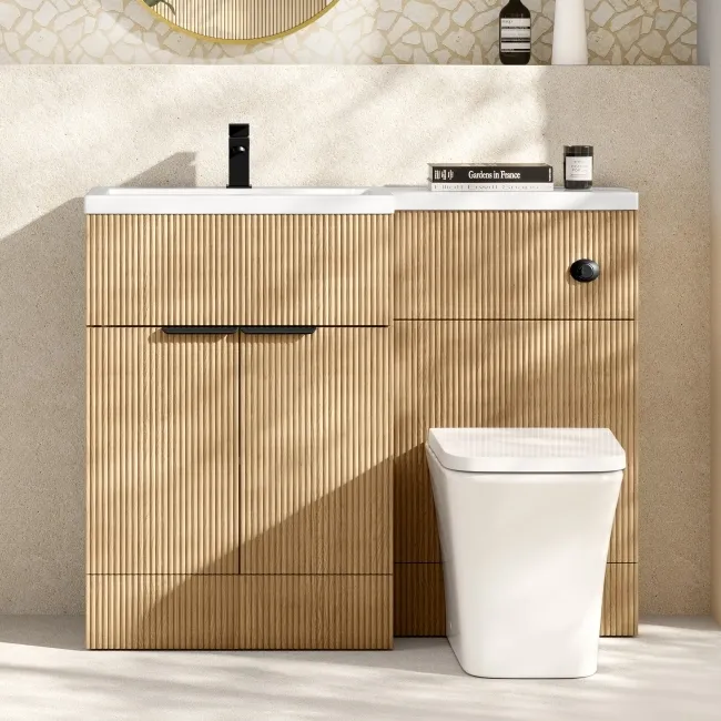 Havana Fluted Country Oak Combination Vanity Basin and Houston Toilet 1100mm - Black Accents - Left Handed