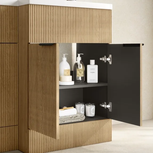 Havana Fluted Country Oak Combination Vanity Basin and Houston Toilet 1100mm - Black Accents - Right Handed