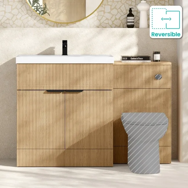 Havana Fluted Country Oak Basin Vanity and Back To Wall Toilet Unit 1300mm (Excludes Toilet) - Black Accents