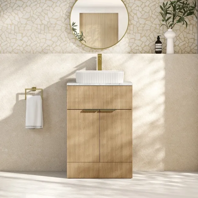 Havana Fluted Country Oak Cabinet with Marble Top & Reno Basin 600mm - Brushed Brass Accents