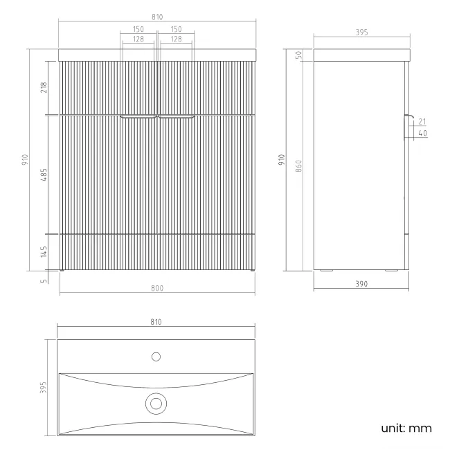 Havana Fluted Country Oak Basin Vanity 800mm - Brushed Brass Accents