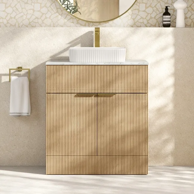 Havana Fluted Country Oak Cabinet with Marble Top & Reno Basin 800mm - Brushed Brass Accents