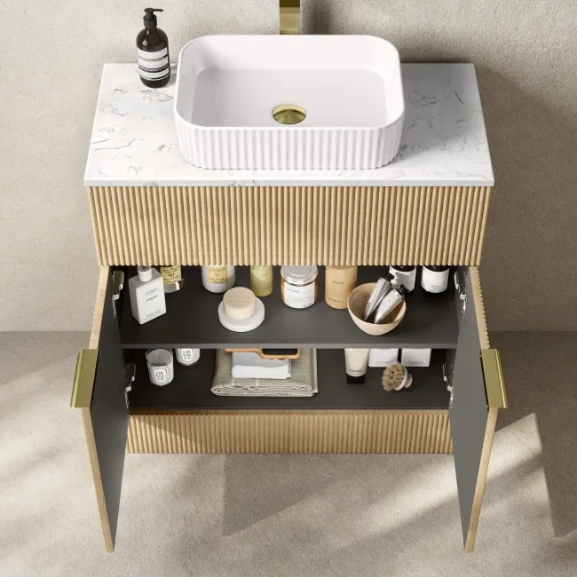 Havana Fluted Country Oak Cabinet with Marble Top & Reno Basin 800mm - Brushed Brass Accents