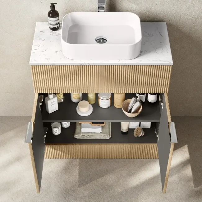 Havana Fluted Country Oak Cabinet with Marble Top & Marin Basin 800mm - Chrome Handles