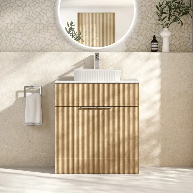 Havana Fluted Country Oak Cabinet with Marble Top & Reno Basin 800mm - Chrome Handles