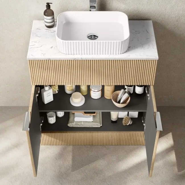 Havana Fluted Country Oak Cabinet with Marble Top & Reno Basin 800mm - Chrome Handles