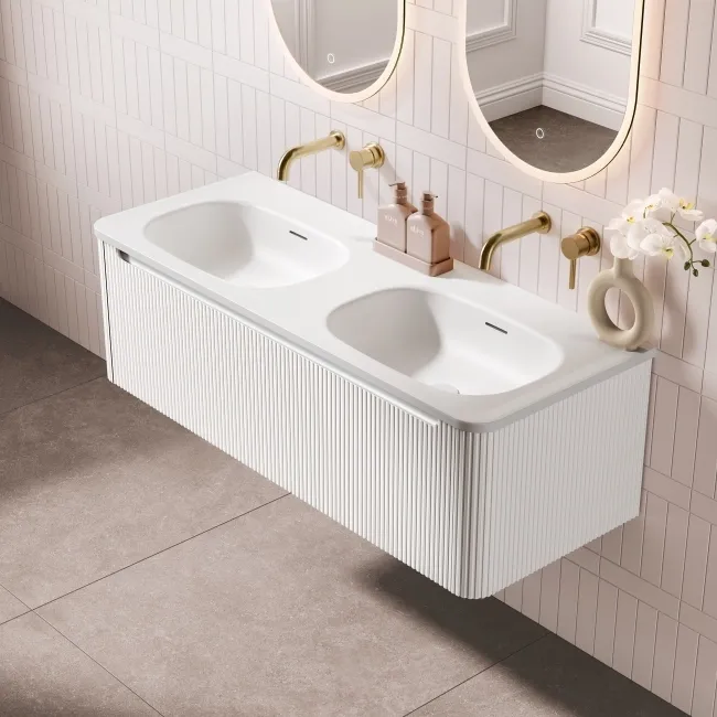 Sorrento Fluted Coastal White Wall Hung Drawer Vanity with Matt White Double Basin 1200mm