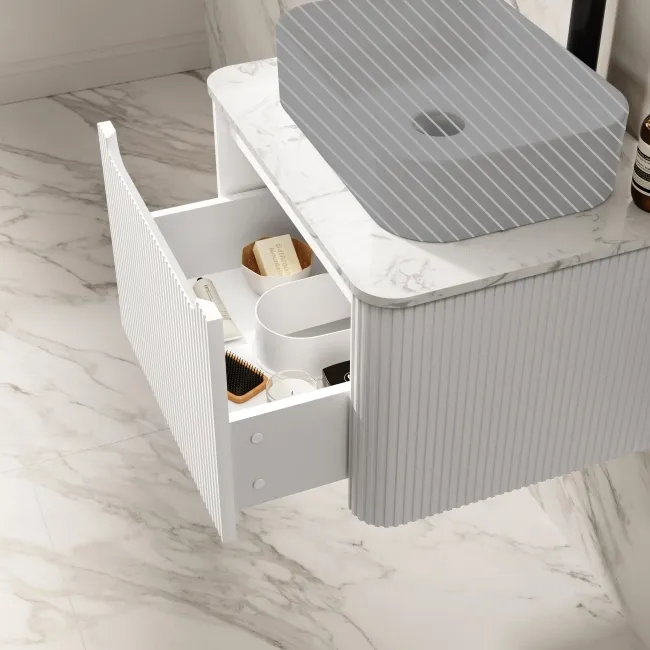 Sorrento Fluted Coastal White Wall Hung Drawer Vanity with Marble Top 600mm - Excludes Counter Top Basin