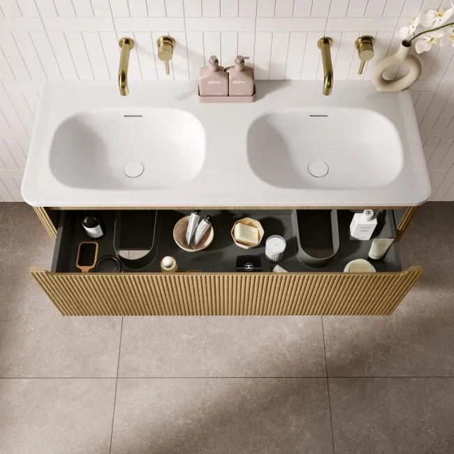 Sorrento Fluted Country Oak Wall Hung Drawer Vanity with Matt White Double Basin 1200mm