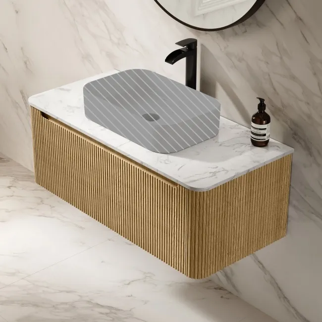 Sorrento Fluted Country Oak Wall Hung Drawer Vanity with Marble Top 1000mm - Excludes Counter Top Basin