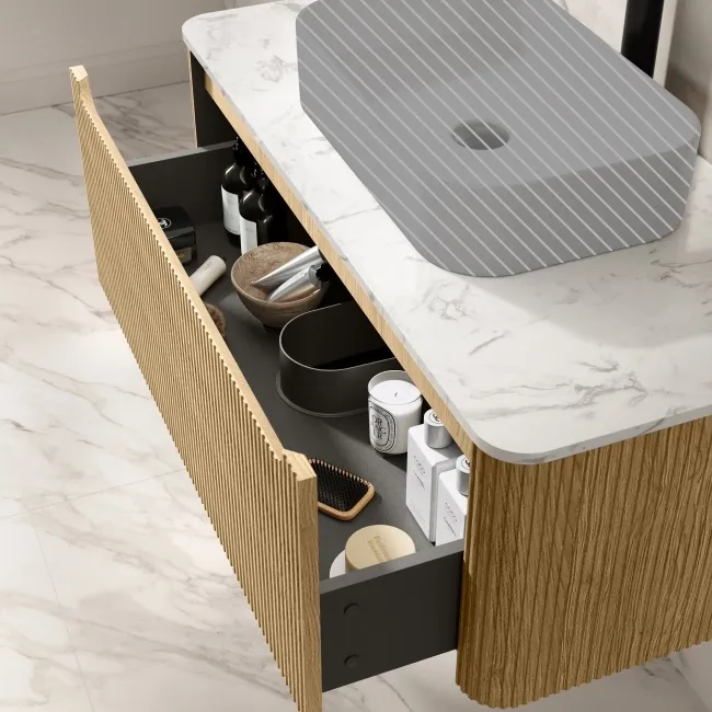 Sorrento Fluted Country Oak Wall Hung Drawer Vanity with Marble Top 1000mm - Excludes Counter Top Basin